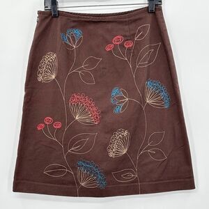 Boden A-Line Skirt Brown Floral Drawing Embroidery Womens Size 6 Brown Pink Blue